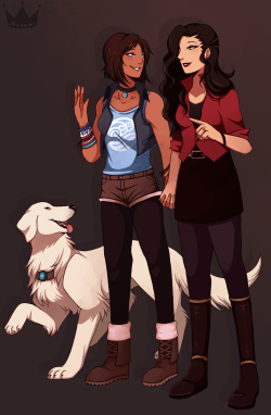 princessharumi:  Been working on this one for a while, finally done ! Modern AU engaged girlfriends + their big white Lab &lt;3 Naga was an afterthought, I added her in after realizing I hardly see her in modern AU drawings. This was super fun to draw,