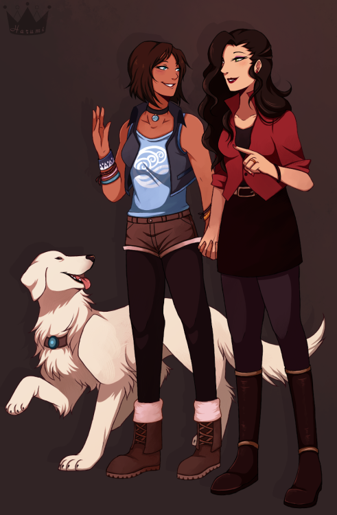 princessharumi:  Been working on this one for a while, finally done ! Modern AU engaged girlfriends + their big white Lab <3 Naga was an afterthought, I added her in after realizing I hardly see her in modern AU drawings. This was super fun to draw,