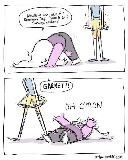 gemslashstashcache:  oelm:  you know it in your hearts pearl is fully into some heavy zen stuff like yoga and meditation and the works and amethyst wants to try it out she honestly does, but pearl is so into it, her face a mask of solemn concentration