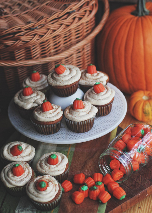 modcloth:  These pumpkin cupcakes look like the perfect accompaniment to curling up by the fire with a good book and cup of tea this fall. :) (via Delightfully Tacky) 