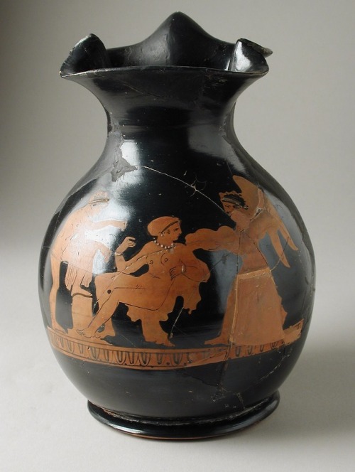 Attic red-figure trefoil oinochoe (wine pitcher), depicting a woman and young man attended by the go