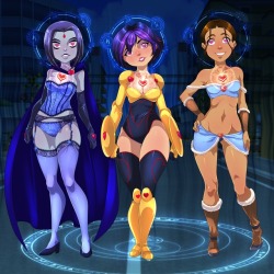 daveyboysmith:And here is another commission from Erohd on Deviantart. This time, its Raven, Gogo Tomago and Katara as hypnotized love slaves in sexy outfits based on their normal attire. Enjoy! ^^