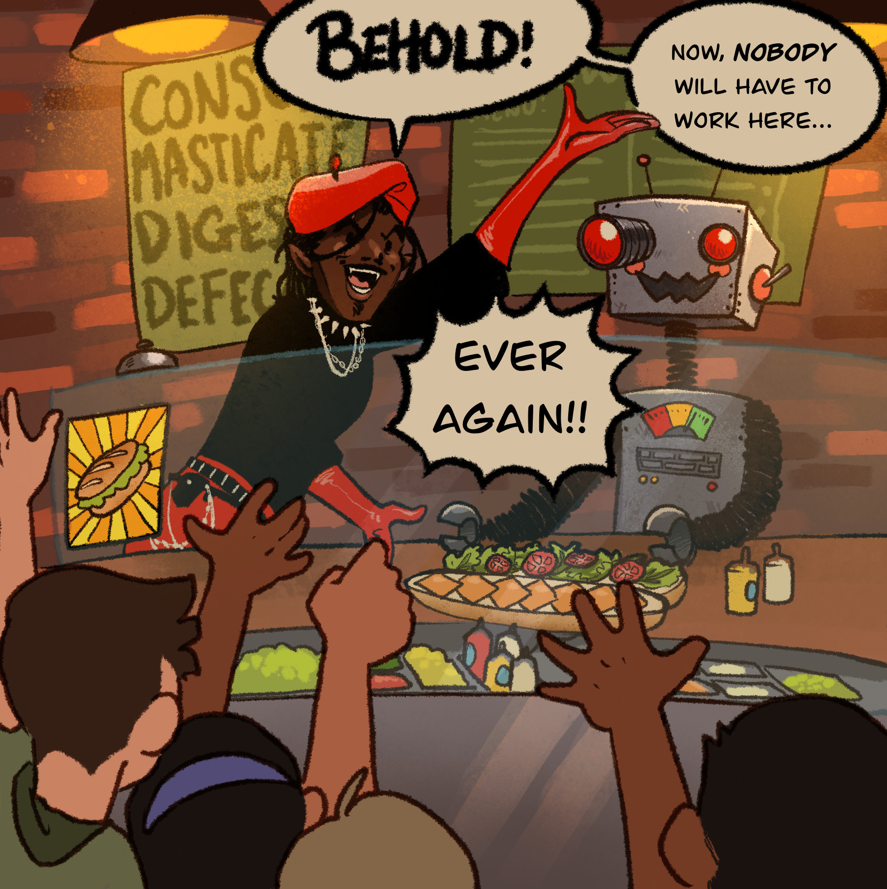 Oliver freeing poor subway workers from the tyranny of working for subway with a new diabolical robot invention