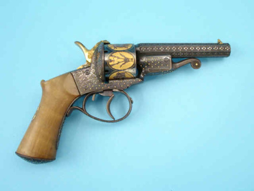 Exhibition engraved gold inlaid French Javelle pinfire revolver made by Brun a Paris, 1865.Estimated