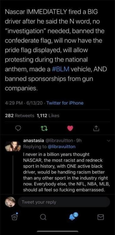 shadow-manor:brunhiddensmusings:victoriankeysmash:luminousbensolo:One driver already quit and NASCAR responded with basically “we had to google you because nobody knew who the fuck you were”    Nascar started because they said fuck cops and its nice