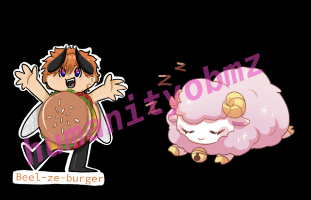 Two designs on a back background with transparent pink text overtop that reads humanityobmz. The first is a chibi beel with the middle section of his body a hamburger with a caption reading ‘beel-ze-burger’. The second is a sleeping pink sheep MC. 