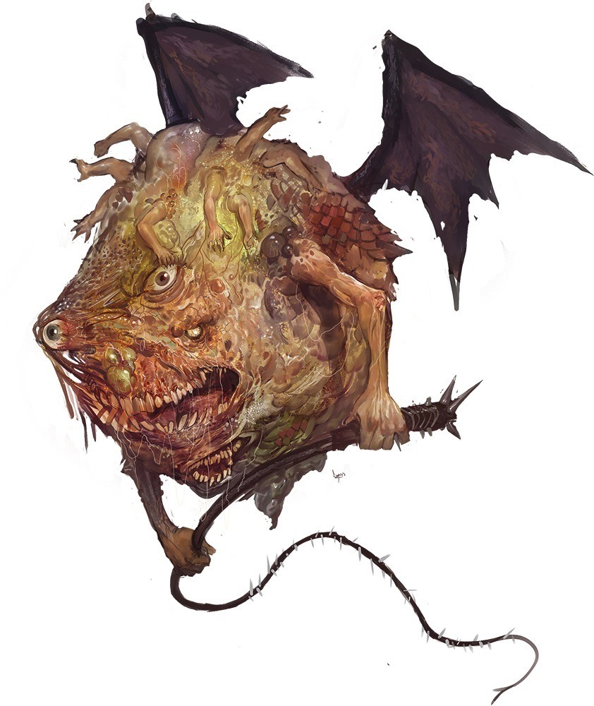 Gibrileth (CR 11)This flying, bulbous, tumor-riddled mass has numerous arms, no legs, and a leering, three-eyed face.
[[MORE]]XP 12,800
CE Large outsider (chaotic, demon, evil, extraplanar)
Init +8; Senses darkvision 60 ft., scent; Perception...