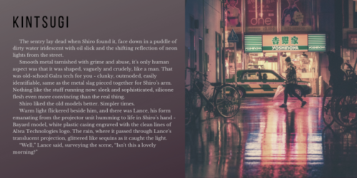 kintsugi - Lance/Shiro, Cyberpunk AU. 4,210 words. archiveofourown.org/works/17200274 