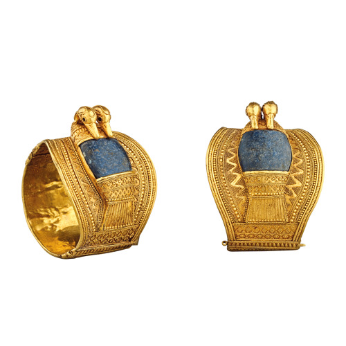 egypt-museum:Armlets of Ramesses IIGold armlets of embossed gold and lapis lazuli, bearing the name 