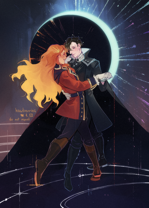 hawberries:the sun and moon’s waltz[image is a drawing of ferdinand and hubert dancing in a ballroom-like style, beaming at each other, in a fantasy-galactic setting. ferdinand’s hair streams behind him like a cloud of fire; hubert wears a crown of constellations in his hair. under their capes is an inky blackness like space, and they step among stylized orbital rings. behind them, a stylized solar eclipse glows pale blue, with blue rays beaming out on hubert’s side, and golden rays beaming in on ferdinand’s side.] #[ musings ];  #[ ch: ferdinand ];  #[ our passion play has now at last begun / hubert @patroklides ];