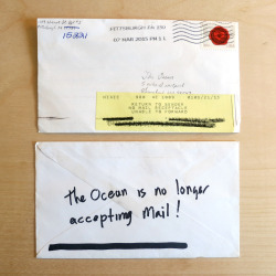 dailygeology:  Every day for the last 12 years I have sent a letter to the Pacific Ocean. They eventually get returned to me by the Post Office with markings stating, “Return to Sender.” Sometimes I get handwritten messages from postal carriers that