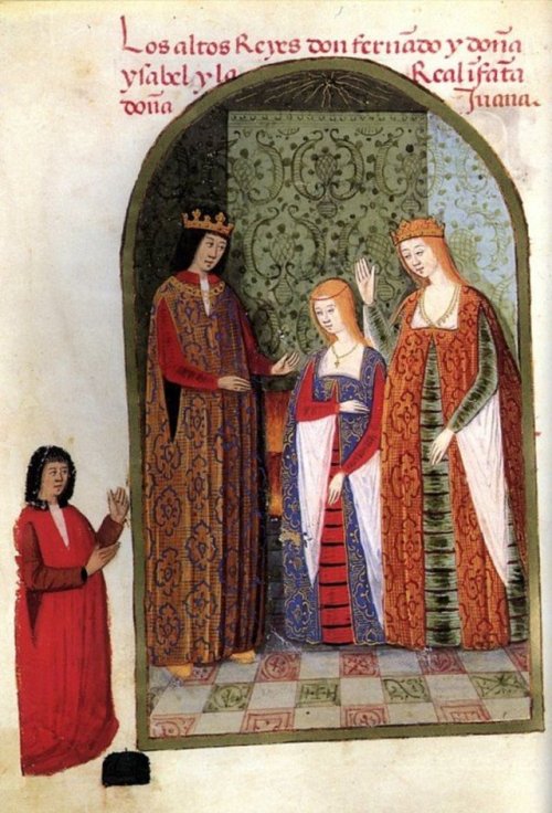 Ferdinand of Aragon and Isabella of Castile with their daughter Joanna from the manuscript &ldquo;Ri