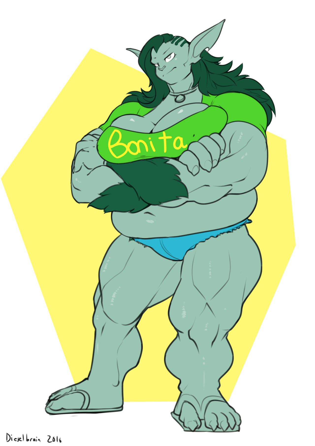 dieselbrain: a patron request for Spaal’s bugbear girl Gura dressed in Laura’s “Bonita”