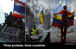 thinksquad:  Here’s a cheat-sheet guide to the protests in Ukraine, Venezuela and Thailand: http://www.cnn.com/2014/02/18/world/world-protests-explainer/ UKRAINE What are the protesters’ demands? Who’s a better economic ally, Europe or Russia? That’s