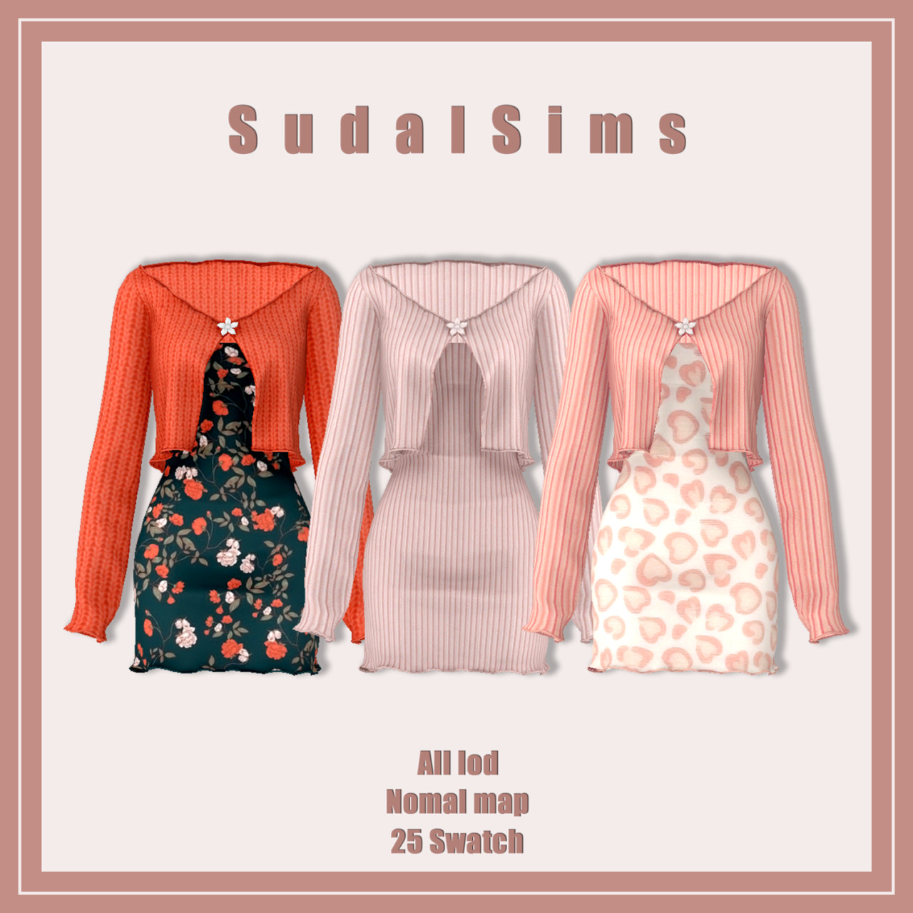 sudal-sims:[sudal] Flower button cardigan & dress All lod Nomal map Dr ...