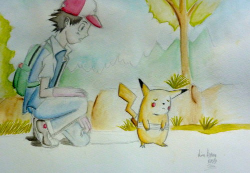 themangapenguin-art:  Ash And Pikachu Made by me (TMP) 2013 with Aqua Promarkers!  