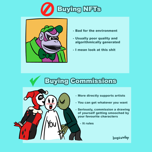 bogleech:letsallgotothelobby:NFTs VS Commissions I wanna learn more about the three way relationship