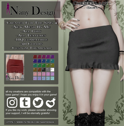 Cherry Lady (Skirt)Base Game Compatible*For Females T / A / YA*Outfit Type:Bottom (Skirt Slot)*Not A