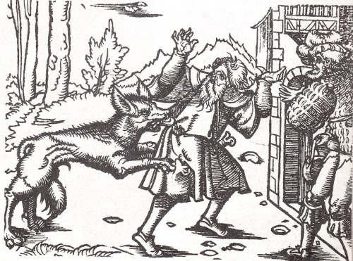 fra-dell-lupo:Witch turned werewolf attacking travelers, a woodcut by Hans Weiditz, from Die Emeis, 