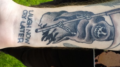I finally got a tattoo of a reaper. It’s based on a drawing in the booklet for an obscure game