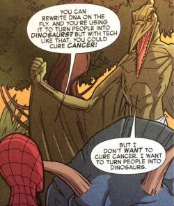madmanswords:  aroaceeight:  madmanswords:camwyn:  magpieandwhale:  Stay true to yourself.  That is a lot of comic book science decision-making summed up in one panel.  Why can’t they ever do both?  Cancer-free dinosaurs?   Yes.