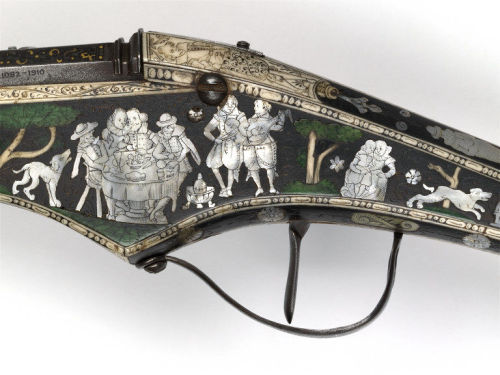 Mother of pearl and stag decorated wheel-lock pistol originating from Nuremburg, Germany.  Made