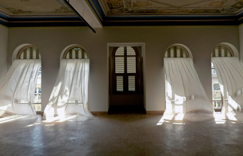 allthedaysordained: Melancholia in Arcadia Gabriel Lester 2011, lace curtains, textile hardener SALT