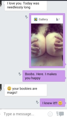 lizzykitten:  diaryof-alittleswitch:  I have magical boobs. Lol. They make him happy. :3  Pretty :3
