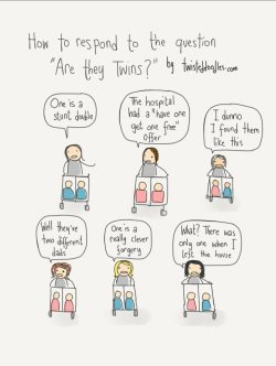 thelittlenoctua:  memestealingbisexual:  spentingarrulity:  twisteddoodles:  How to respond to the question ‘Are they twins?’.  Adding from my brother: “You see it too??”  “Triplets, actually. I’m the third.”  