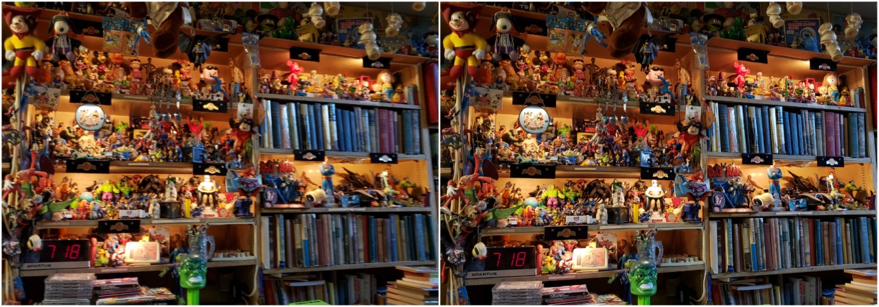 A pair of nearly identical photos featuring a portion of the toy collection at Bonnett's Bookstore in Dayton, Ohio. Hundreds of small action figures and vehicles from well-known media are featured on lighted shelves alongside dozens of antique books.  Best to use full-screen on larger devices. When viewed with crossed eyes, merging the two sides into a single center image in the middle, this pairing creates a 3-D effect similar to a stereopticon ViewMaster.