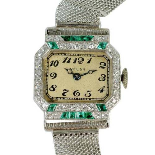 Art Deco Platinum Emerald and Diamond Wristwatch Signed ‘Welch’, c1925