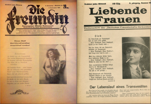 the covers of die freundin (the girlfriend), september 1932, and liebende frauen (women in love), 19