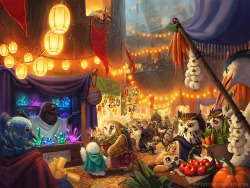 chewybitart: elbenherzart:   I can finally show this marketscene I painted for Humblewood!  It was an absolute pleasure and also a challenge to bring this scene to life. I cried a few times in the process, because it was hard. Really hard. But somehow