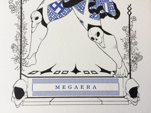 [image description: 6 photos of a combination letterpress and hand-drawn print of Megaera from the g