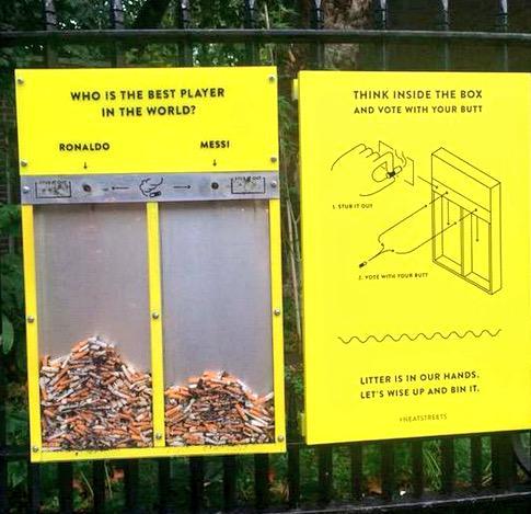 edwardspoonhands:  stuckonsport:  Clever way of stopping littering!  Though…I am a little afraid that there are a bunch of chain smoking Messi fans running to this park right now… 