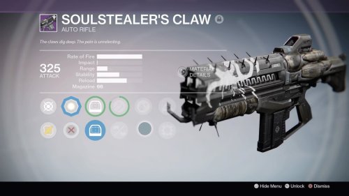  Soulstealer’s ClawAuto RifleAdditional info: This gun was a reward from Variks for levelling up. A 
