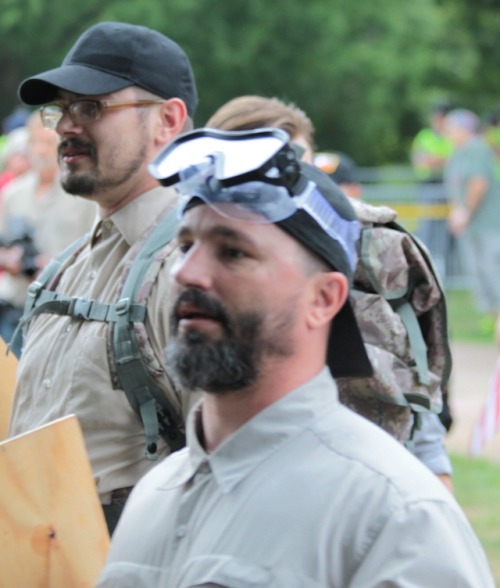 wespennest:  These are people who marched in with the “fraternal order of alt knights,” as evidenced by the “circle v” and flag patch. Really, they should be called the “scotch gard” because their leader, Kyle Chapman, gets high by huffing