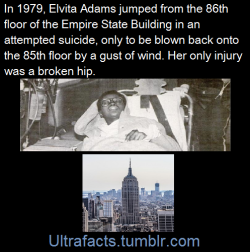 ultrafacts:  In 1979, Elvita Adams jumped from the 86th floor of the Empire State Building in an attempted suicide, but because of a gust of wind, she landed on a ledge on the 85th floor very much alive, where a security guard found her before she could