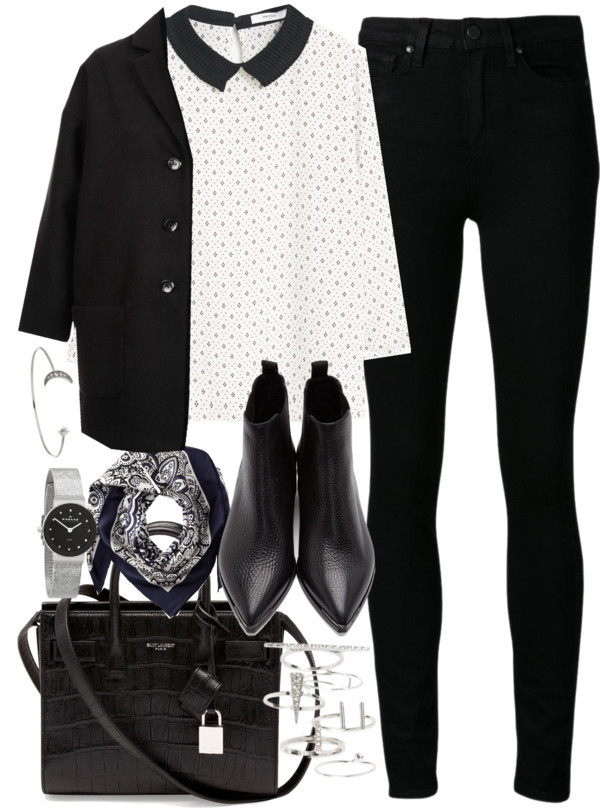Outfit for a meal with family by ferned featuring black ankle booties
MANGO pleated top, 30 AUD / Topshop black coat, 125 AUD / Paige Denim skinny jeans, 490 AUD / Acne Studios black ankle booties, 625 AUD / Yves Saint Laurent leather crossbody, 3...