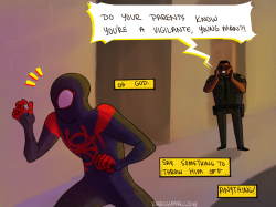 sapphireclawe:  karshmallow:Miles “Who’s Morales?” Morales  Alternate response.“Now they do!”“……………..”Week later“MILES ARE YOU SPIDERMAN!?”“So that’s where I got it from…”