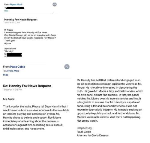 resistdrumpf:Sean Hannity tried to book one of Roy Moore’s victims. This was their response.