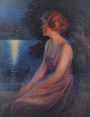 Romantic Scene Depicting a Young Red Headed Beauty Basking in the Lakeside MoonlightCharles Warde Tr