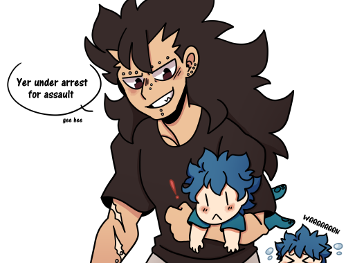 I bet Gajeel would love arresting his kids lol  Gajeel making a crib is adorable and all, but I don’