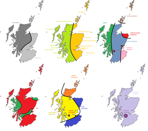 ayeforscotland:lithiumblossom:mapsontheweb:6 ways of dividing Scotland.More stereotype maps &gt;