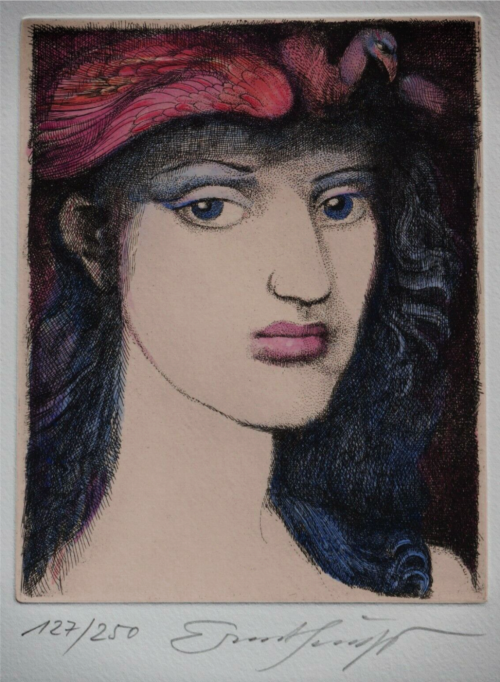 ein-bleistift-und-radiergummi:Ernst Fuchs Colour Etching ‘Junge Frau’ - Date Unknow