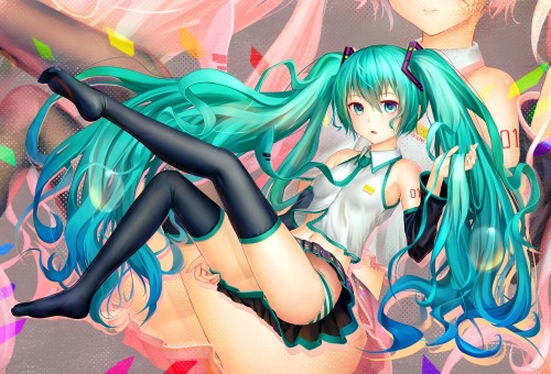 horzwei: aki99 aqua_eyes aqua_hair hatsune_miku long_hair panties striped_panties thighhighs twinta