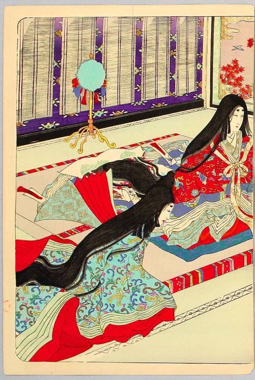 taishou-kun:Adachi Ginkou 安達吟光Lady Murasaki Shikibu 紫式部 in Heian court - 3 folding screens - 1890