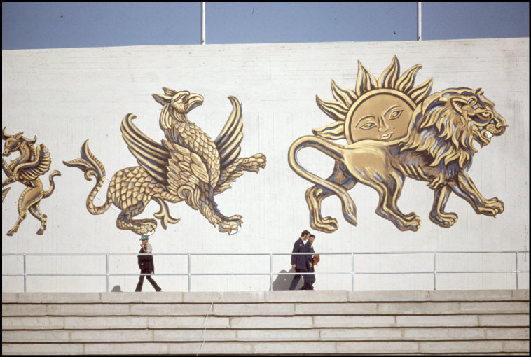 farsizaban:
“ A wall in Tehran depicting mythical Iranian figures (©Bruno Barbey/Magnum Photos, 1976)
From right, The Lion and Sun and The Simurgh
”