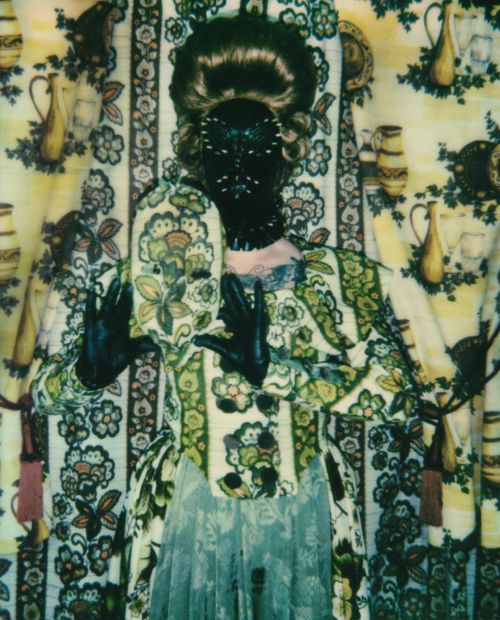 Fanciful Friday Frolics. Polaroid Spectra Meatface photograph, 07. 2020. Custom latex hood + ruff 