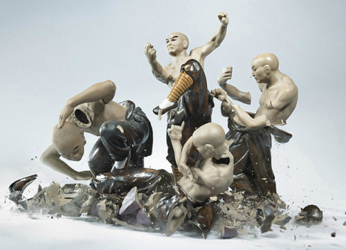 minicheck:  Photographer Martin Klimas’ breaking porcelain figurines. “From a height of three meters, porcelain figurines are dropped on the ground, and the sound they make when they hit trips the shutter release. The result: razor-sharp images of